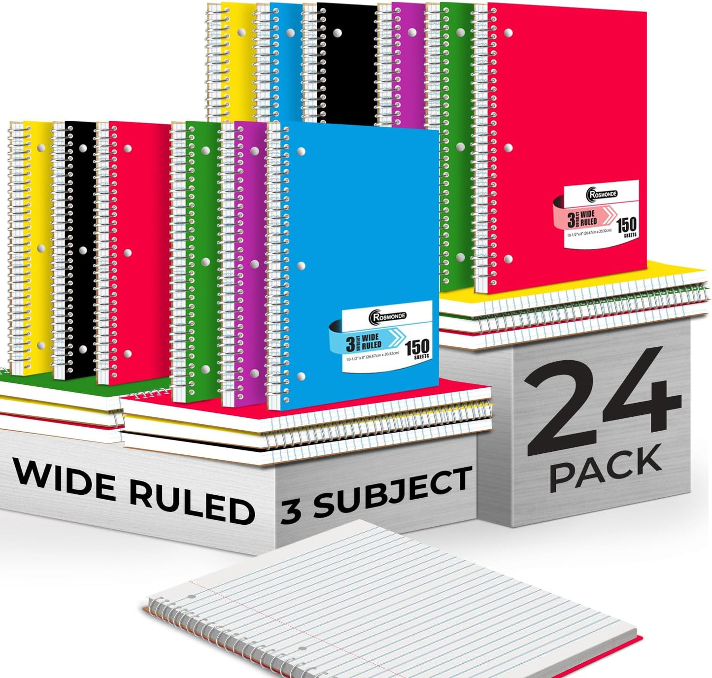 24 Pack 3 Subject Spiral Notebook Wide Ruled, Extra Pages - 300 Pages (150 Sheets), 8 X 10-1/2", Bulk Subject Notebooks for School & Office, Thick Paper Fights Ink Bleed, Bulk Spiral Notebook