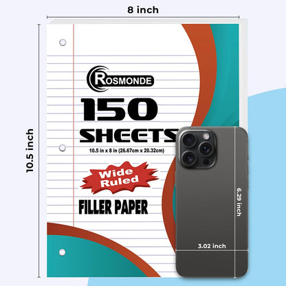 Loose Leaf Paper, 450 Sheets, 3 Pack, 56 Gsm Wide Ruled Sheets, 8" X 10.5", Bulk Notebook Paper, 3 Hole Punched, 150 Sheets/Pack, Wide Ruled Paper for Binders, Loose Leaf Office Paper, White