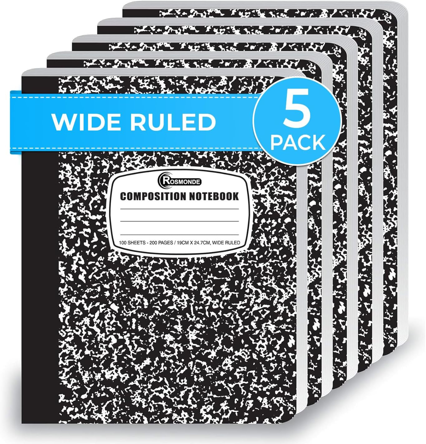 Composition Notebook Wide Ruled 5 Pack, 200 Pages (100 Sheets), 9-3/4 X 7-1/2, Back to School Supplies, Notebooks for School, Office Supplies, Notebooks for Work, the Notebook for Note Taking