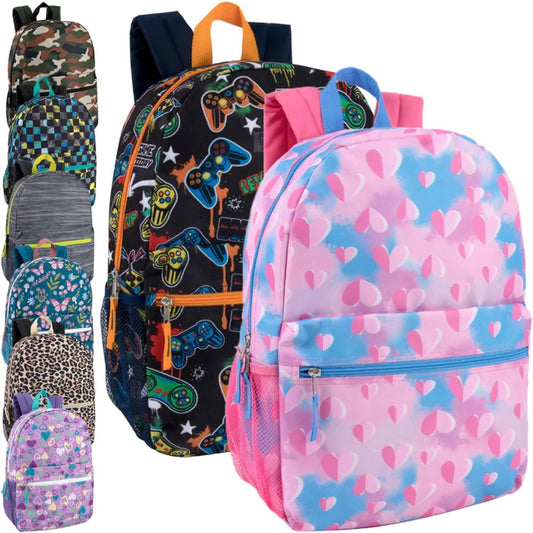 24 Pack of 17 Inch Printed Bulk Backpacks for Boys and Girls Wholesale Backpacks in Bulk for School Kids (Mixed Assortment)