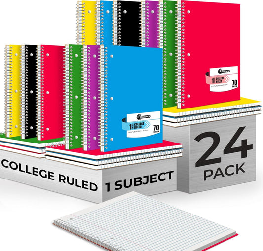 Spiral Notebook, 24 Pack, 1 Subject, College Ruled, 70 Sheets, 8 X 10-1/2", 3 Hole Punched, Bulk College Ruled Spiral Notebook for School, Single Subject Spiral Notebook Bulk, Assorted Colors