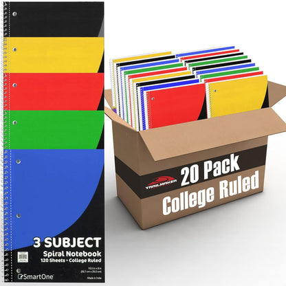 20 Bulk Notebooks – 3 Subject Notebooks College Ruled Bulk School, Office Supplies | 3 Subject Spiral Notebooks for Kids, School, Notes, Students