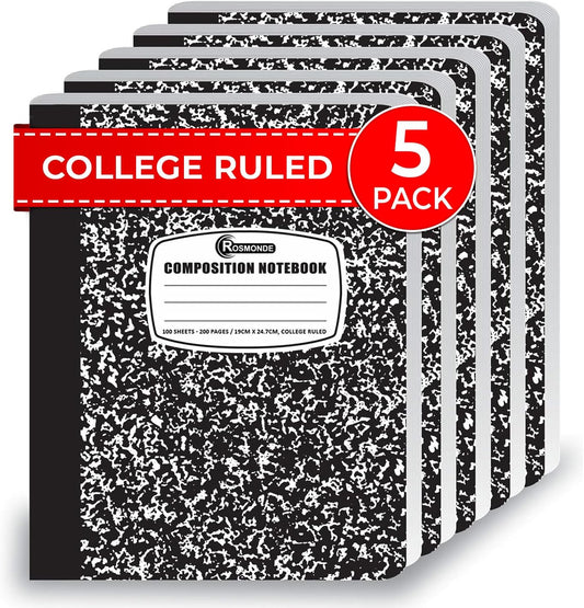 College Ruled Composition Notebooks 5 Pack, 200 Pages (100 Sheets), 9-3/4" X 7-1/2", White & Black Marble Composition Book, Hard Cover, Sturdy Sewn Binding, School, College & Office Supplies