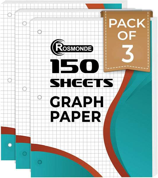 Graph Paper 3 Pack, 450 Sheets, 4X4 Grid Paper, 8" X 10.5", 3 Hole Punched, Notebook Paper, 54 GSM Thick Graphing Paper, Quad Ruled Graph Paper, Loose Leaf Paper, Back to School Supplies