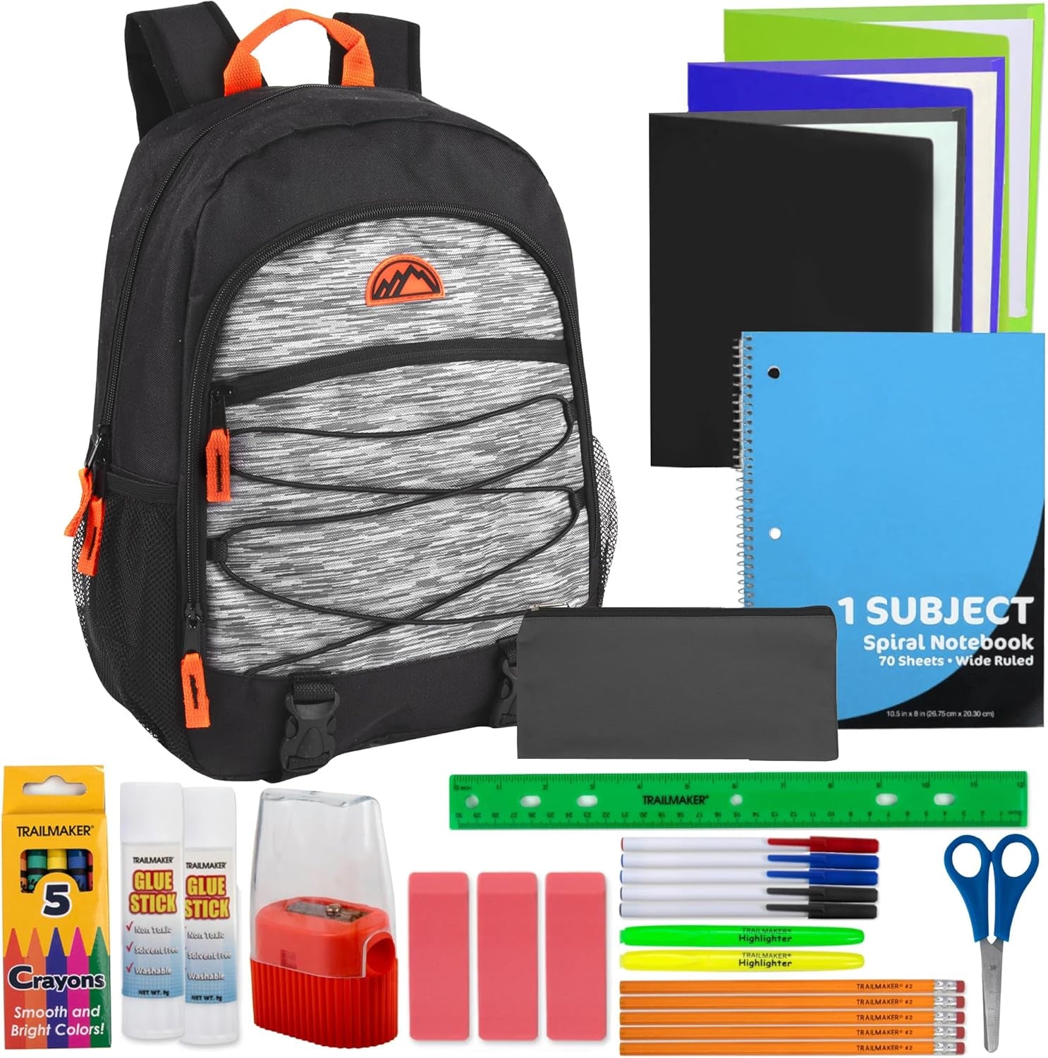 Backpack with Supplies | 17 Multipocket Backpack with 30 Piece Stationery Set for Travel, Work - Orange, Black, and Grey Backpack Set