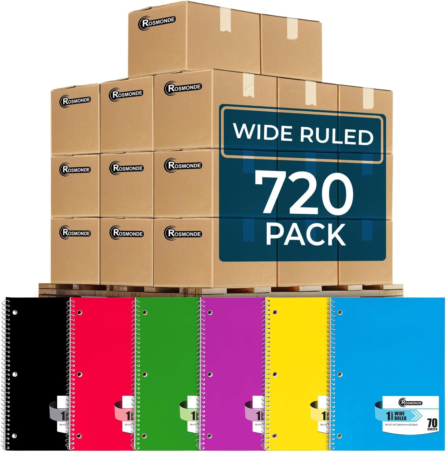 720 Packs (Pallet) 1 Subject Notebooks, Spiral Notebook Bulk, Wide Ruled, Pallet of Notebooks, 70 Sheets (140 Pages), 8 X 10-1/2", Bulk Spiral Notebooks for School & Office, 4-7 Days Transit