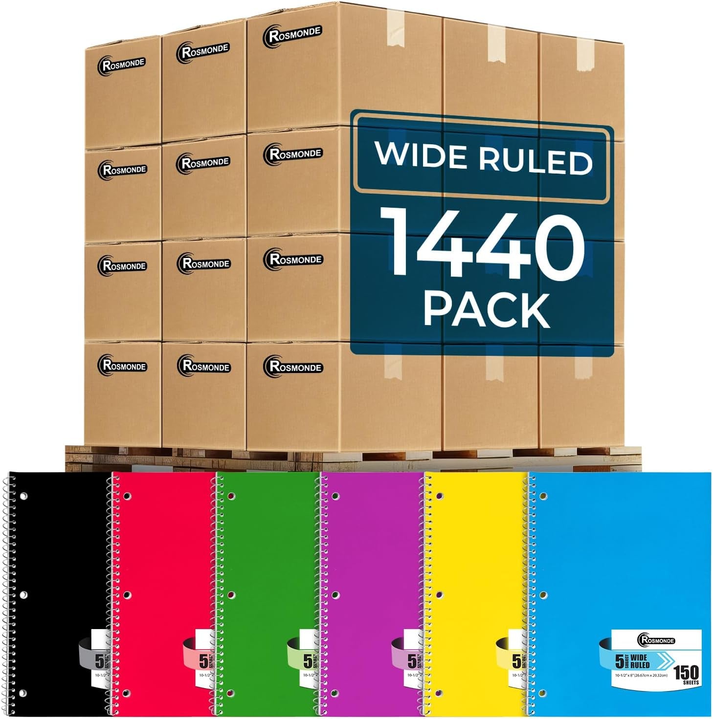 1440 Packs (Pallet) 5 Subject Notebooks, Spiral Notebook Bulk, Wide Ruled, Pallet of Notebooks, 150 Sheets (300 Pages), 8 X 10-1/2",Bulk Spiral Notebooks for School & Office, 4-7 Days Transit