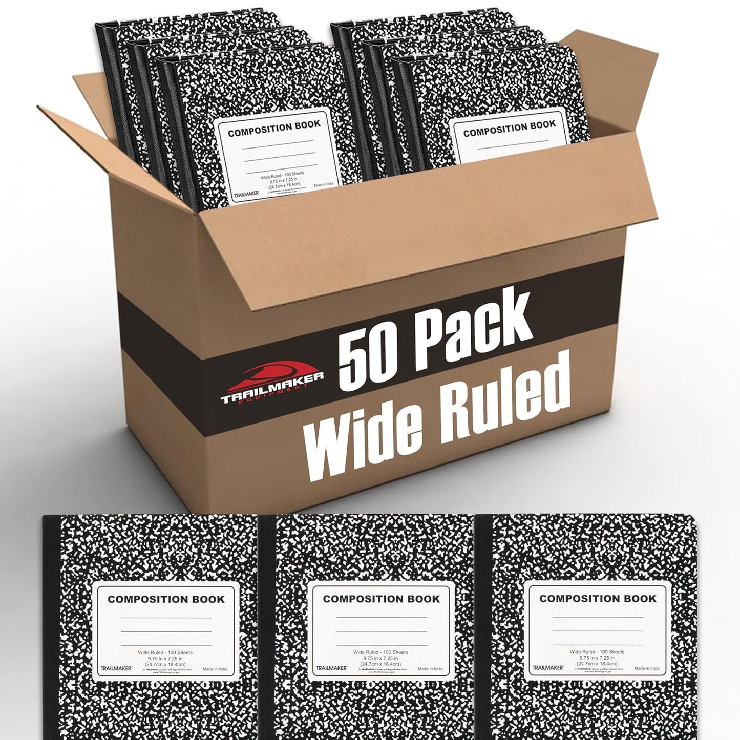 Trail Maker 50 Pack Bulk Black and White Composition Notebook Wide Ruled, 200 Pages (100 Sheets), 9-3/4 X 7-1/2", Hard Cover Bulk School Supplies Marble Composition Books for School & Office