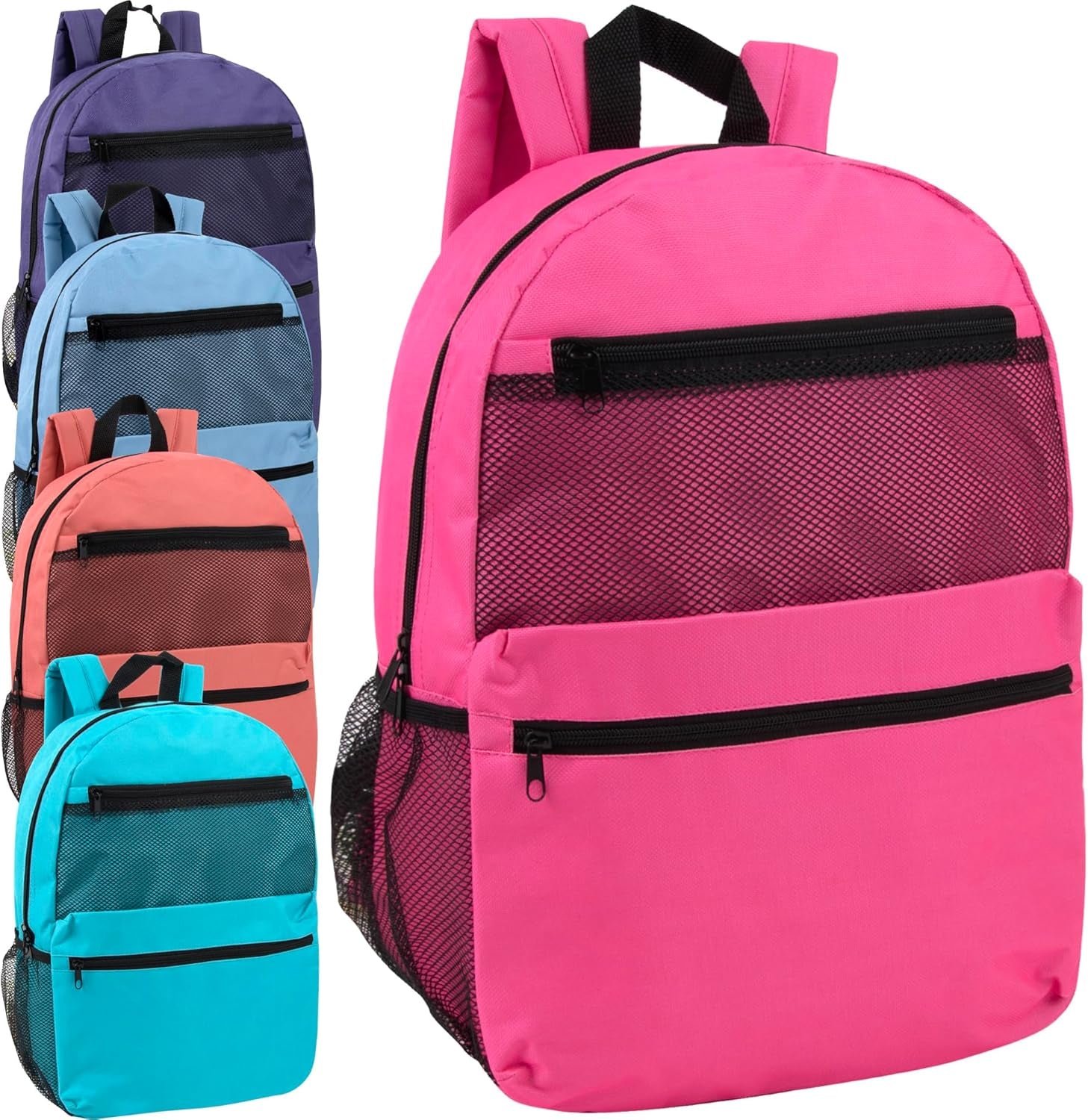 24 Pack Classic Backpacks in Bulk Wholesale Backpacks with Side Pocket, Mesh Pocket for Homeless Adults, Donation (Female Colors Pack)