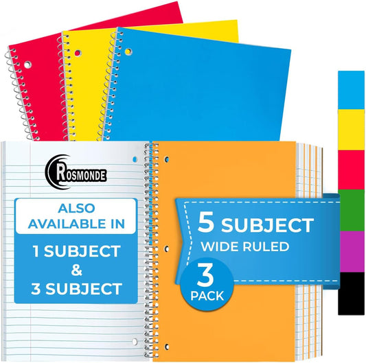 5 Subject Notebook Wide Ruled, 3 Pack, 300 Pages (150 Sheets), 8 X 10-1/2", 5 Subject Spiral Notebook with Dividers, Thick Paper Fights Ink Bleed, 3 Hole Punched, Spiral Notebooks for School