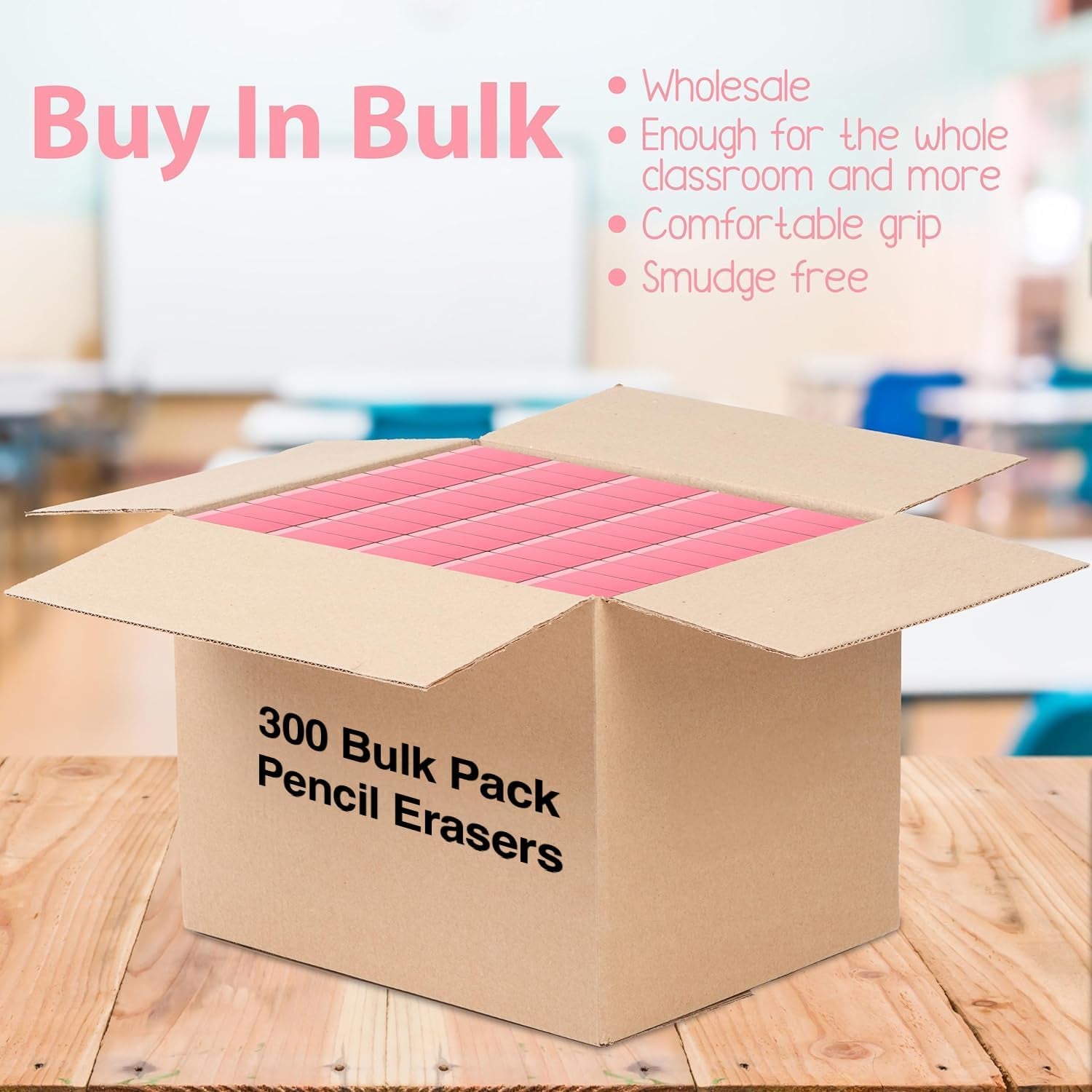 Bulk Pink Erasers for Kids Bulk Classroom, School Students, for Art Pink Bevel Erasers Large Latex Free in Bulk (300 Erasers)