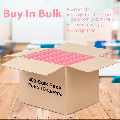 Bulk Pink Erasers for Kids Bulk Classroom, School Students, for Art Pink Bevel Erasers Large Latex Free in Bulk (300 Erasers)