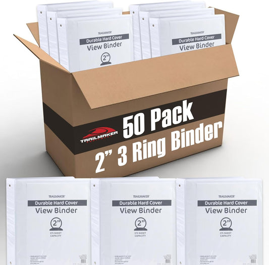 (50 Pack) 2 Inch Binders 3 Ring Hardcover Binders in Bulk with Clear View Cover, Pockets for Classroom, Office, Portfolios | Bulk School, Teacher, Office Supplies (White Only Pack)