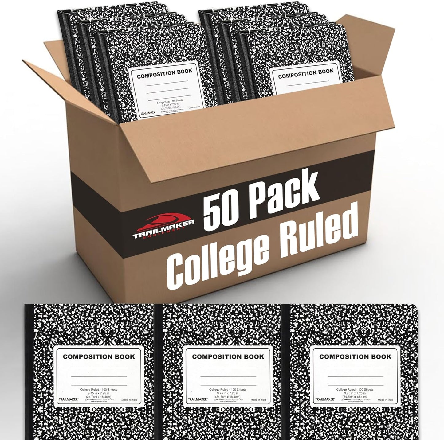 50 Pack Bulk Composition Notebook College Ruled, 200 Pages (100 Sheets), 9-3/4 X 7-1/2", Bulk School Supplies Hard Cover Marble Composition Books for School & Office