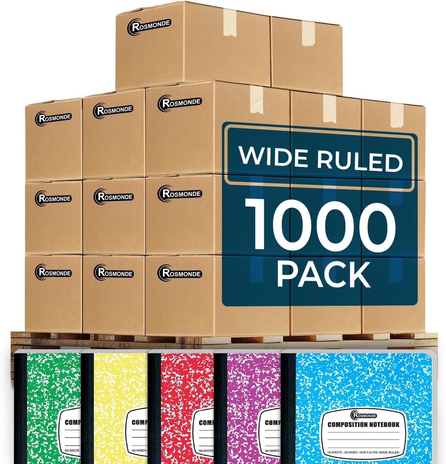 1000 Pack (Pallet) Composition Notebooks Bulk, Wide Ruled, Pallet of Composition Notebooks, 200 Pages (100 Sheets), 9-3/4 X 7-1/2, Bulk Notebooks for School & Office, 4-7 Days Transit