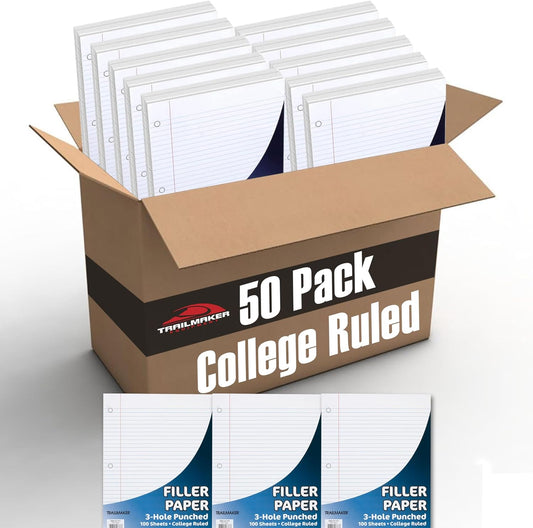 50 Pack College Ruled Reinforced Loose Leaf Paper College Ruled Bulk 3 Hole Punched Filler Paper, 100 Sheets Each