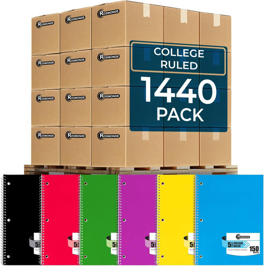 1440 Packs (Pallet) 5 Subject Notebooks, Spiral Notebook Bulk, College Ruled,Pallet of Notebooks,150 Sheets (300 Pages), 8 X 10-1/2",Bulk Spiral Notebooks for School & Office,4-7 Days Transit