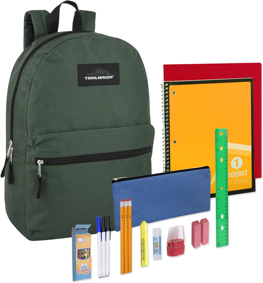 Backpack with School Supplies for Kids - 20 Piece Back to School Supplies with 17" Backpack (Green Pack)