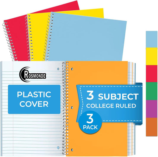 3 Subject Spiral Notebook, 3 Pack, College Ruled, Water Resistant Cover, Thick 300 Pages/Book (150 Sheets), 8 X 10-1/2, 3 Hole, Colored Dividers, Assorted Colors, Bulk School & Office