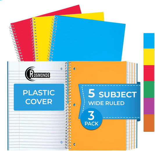 5 Subject Spiral Notebook, 3 Pack, Wide Ruled, Water Resistant Cover, Thick 300 Pages/Book (150 Sheets), 8 X 10-1/2, 3 Hole Punched, Colored Dividers, Assorted Colors, Bulk School & Office