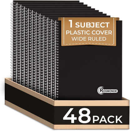 1 Subject Spiral Notebook, 48 Pack, Wide Ruled, Water Resistant Cover, Thick 140 Pages/Book (70 Sheets), 8 X 10-1/2, 3 Hole, Bulk School & Office, Black Plastic Cover