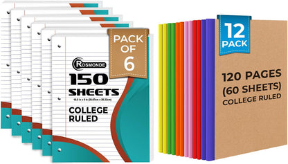 College Ruled Combo, Loose Leaf Paper, 450 Sheets, 6 Pack, 3 Hole Punched & Small Kraft Notebooks 12 Pack, 120 Pages (60 Sheets), Hard Cover, School, College & Office