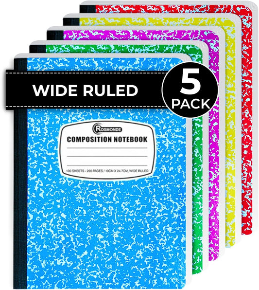 5 Pack Composition Notebook Wide Ruled, 200 Pages (100 Sheets), 9-3/4X7-1/2, Notebooks for Work, Back to School Supplies, Hard Cover Composition Books, Notebooks for Women, Colors May Repeat