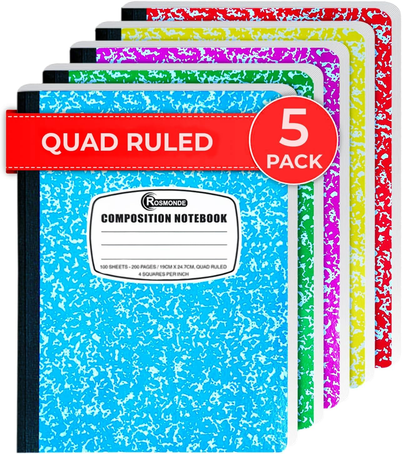 Composition Notebook Graph Paper, 5 Pack, 200 Pages (100 Sheets), Quad Ruled Composition Notebook, 4X4 Grid Graph Paper Composition Book, Assorted Colors, Hard Cover Graph Book, 9-3/4 X 7-1/2