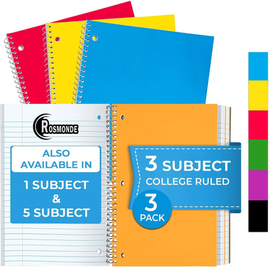 3 Subject Notebook College Ruled, 3 Pack, Extra Pages - 300 Pages (150 Sheets), No-Bleed Paper, 3 Hole Punched, 8X10-1/2, 3 Subject Spiral Notebook for School, Home & Office, Assorted Colors