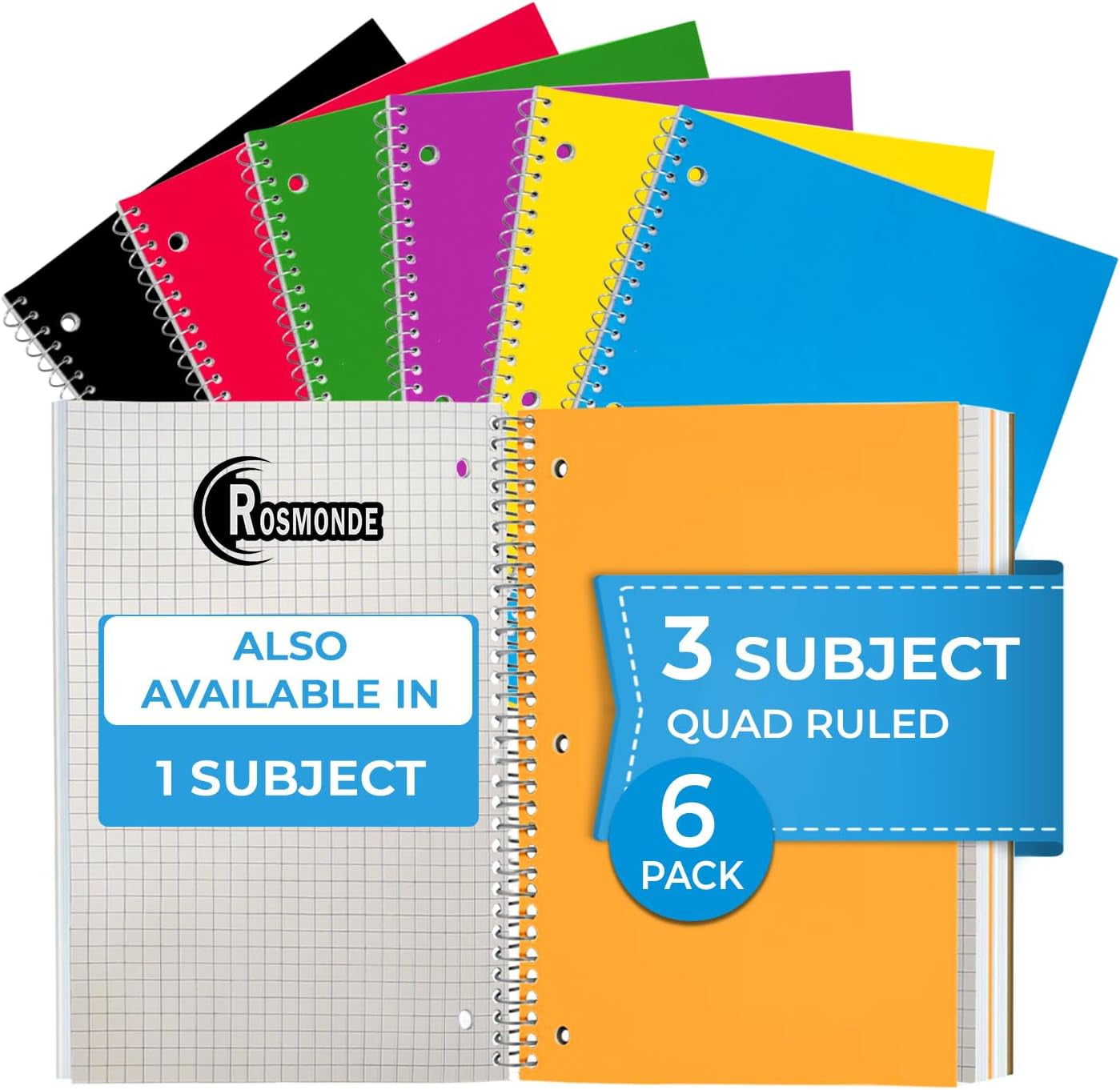 3 Subject Spiral Notebooks Graph Ruled, 6 Pack, 300 Pages (150 Sheets), 8 X 10-1/2", Grid Spiral Notebook for School & Office, Quad Ruled Spiral Notebooks, Graph Notebook, Spiral Bound Book