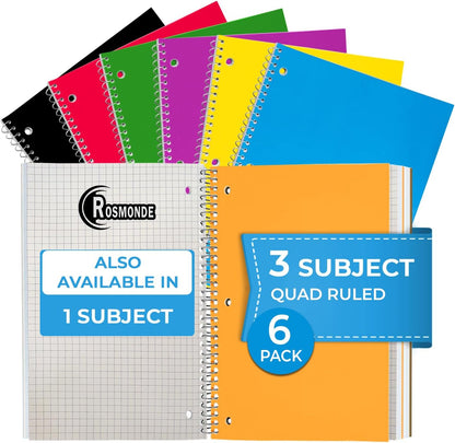 3 Subject Spiral Notebooks Graph Ruled, 6 Pack, 300 Pages (150 Sheets), 8 X 10-1/2", Grid Spiral Notebook for School & Office, Quad Ruled Spiral Notebooks, Graph Notebook, Spiral Bound Book