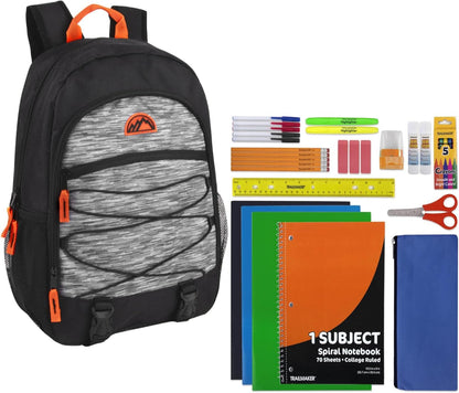 Backpack with Supplies | 17 Multipocket Backpack with 30 Piece Stationery Set for Travel, Work - Orange, Black, and Grey Backpack Set