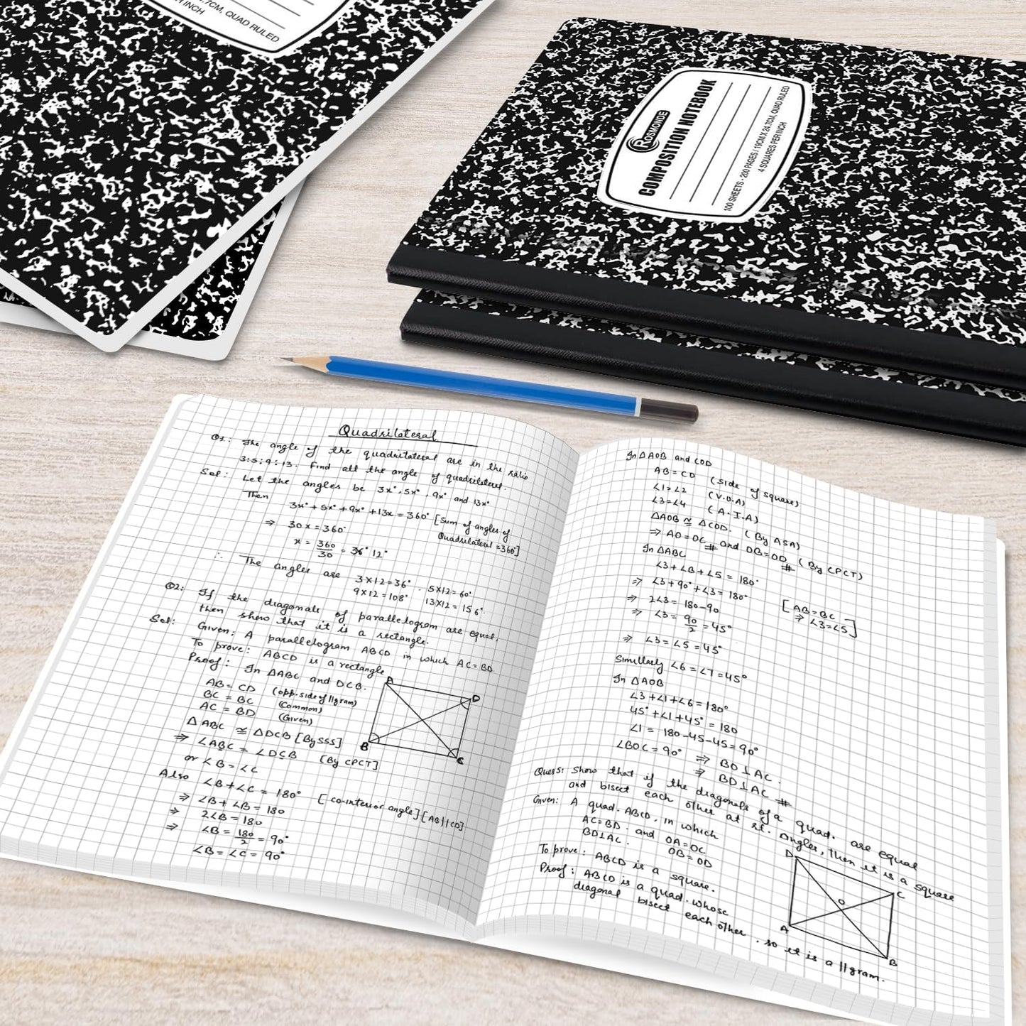 Graph Paper Composition Notebook, 5 Pack, 200 Pages (100 Sheets), Quad Ruled Composition Notebook, Graph Notebooks, 4X4 Grid Composition Notebook, Black Marble, Sewn Hard Cover, 9-3/4 X 7-1/2