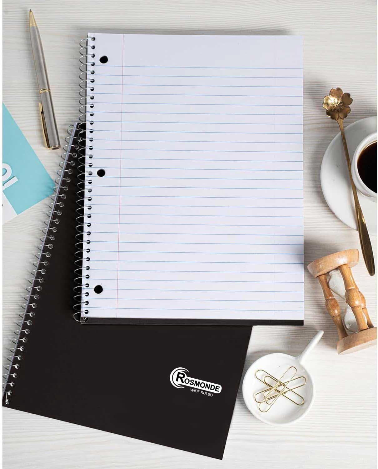 1 Subject Spiral Notebook, 12 Pack, Wide Ruled, Water Resistant Cover, Thick 140 Pages/Book (70 Sheets), 8 X 10-1/2, 3 Hole, Bulk School & Office, Black Plastic Cover