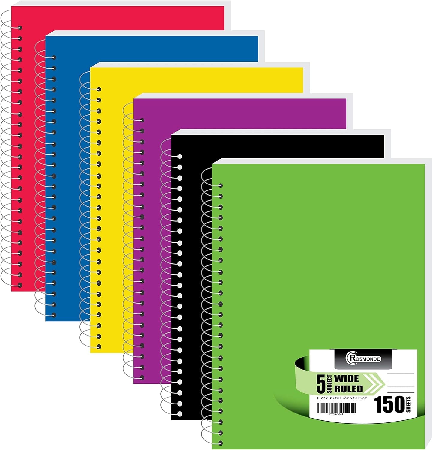 5 Subject Notebook Wide Ruled, 6 Pack, 300 Pages (150 Sheets), 8 X 10-1/2", 5 Subject Spiral Notebook with Dividers, Thick Paper Fights Ink Bleed, 3 Hole Punched, Spiral Notebooks for School