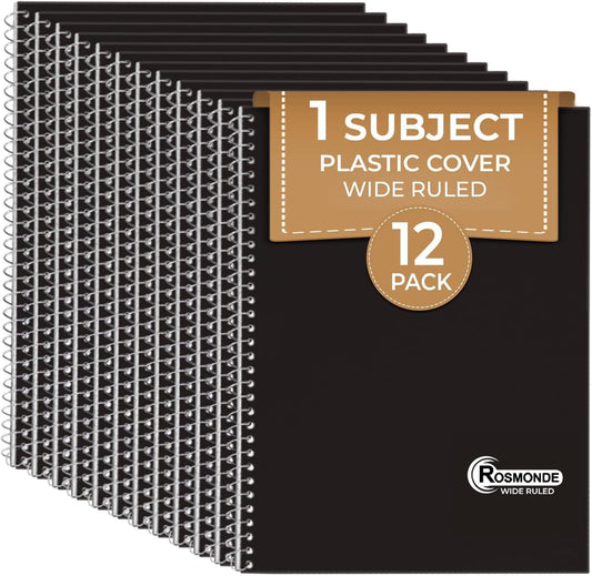 1 Subject Spiral Notebook, 12 Pack, Wide Ruled, Water Resistant Cover, Thick 140 Pages/Book (70 Sheets), 8 X 10-1/2, 3 Hole, Bulk School & Office, Black Plastic Cover