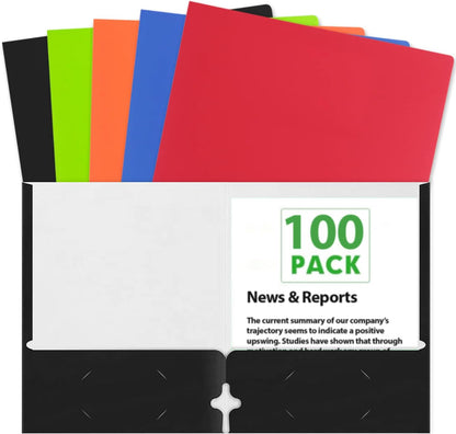 100 Pack Plastic Folders with Pockets for Documents | Bulk 2 Pocket File Folders for School, Offices in 5 Colors