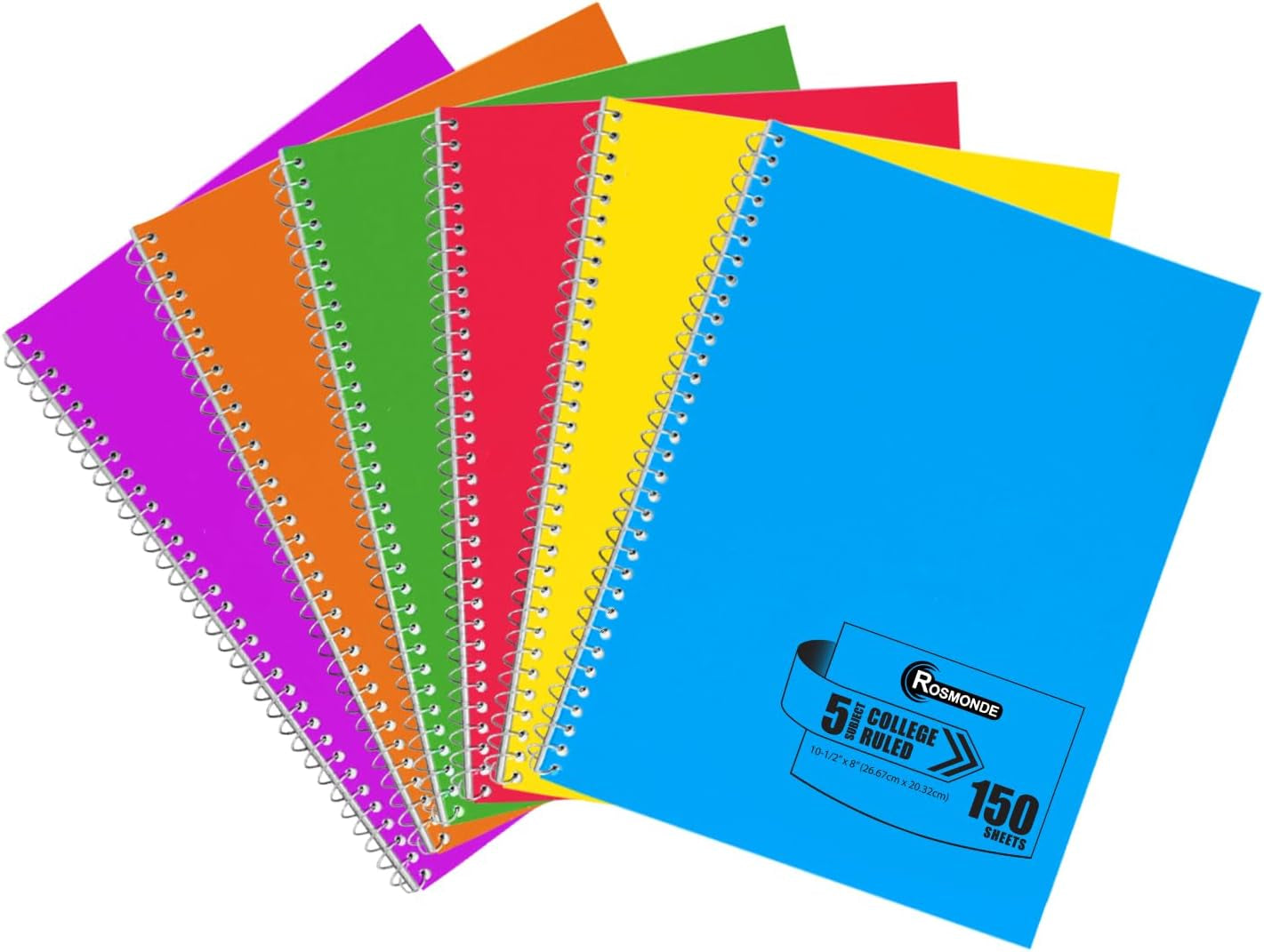 5 Subject Notebook College Ruled, 6 Pack, Durable Thick Water Resistant Cover Spiral Notebook, No-Bleed 300 Pages/Book (150 Sheets), 8 X 10-1/2, 3 Hole, Assorted Colors, Bulk School Notebooks