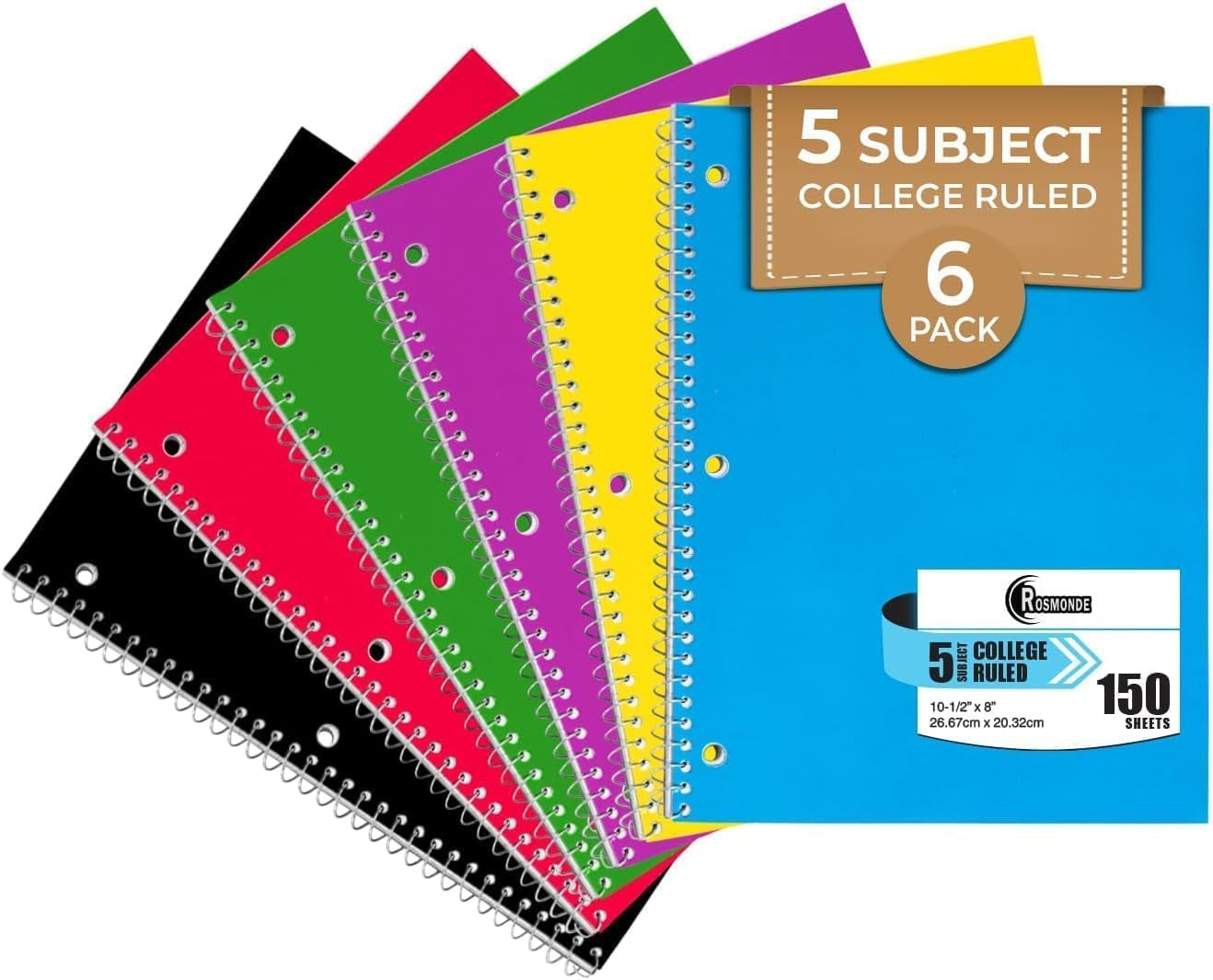 5 Subject Notebook College Ruled, 6 Value Pack, 300 Pages (150 Sheets), 8 X 10-1/2", 5 Subject College Ruled Spiral Notebooks for School & Office, Thick Paper Fights Ink Bleed, 3 Hole Punched