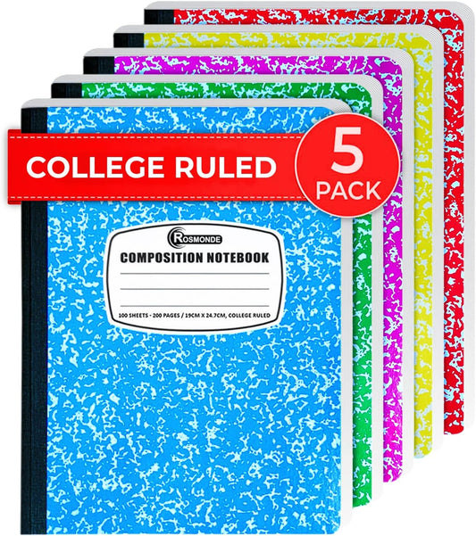 5 Pack Composition Notebooks College Ruled, 200 No Bleed Pages (100 Sheets) 9-3/4X7-1/2 Notebooks for Work, Back to School Supplies for College Students, Notebooks for Women, Colors May Repeat