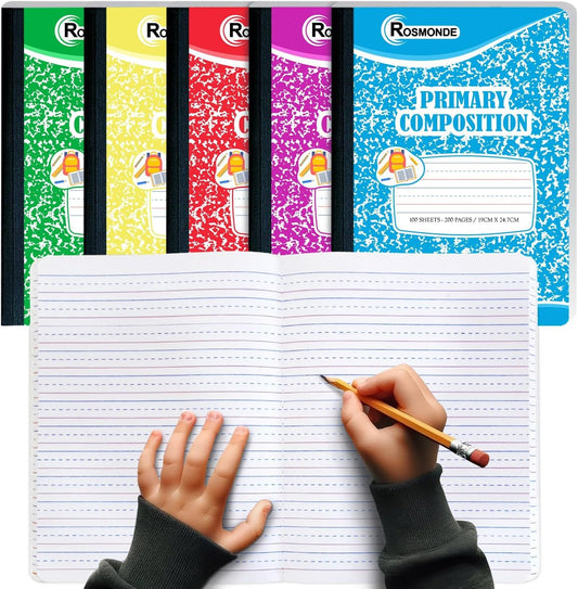 Composition Notebooks Primary Ruled 5 Pack, 200 Pages (100 Sheets), Color Marble Composition Notebook, Sewn Binding Hard Cover, Primary Composition Notebook for Kids, Writing Dotted Lined