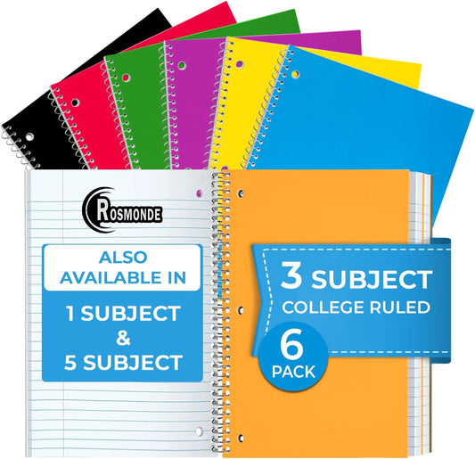 3 Subject Notebook College Ruled, 6 Pack, 150 Sheets(300 Pages), No-Bleed Paper, 3 Hole Punched, 8X10-1/2, 3 Subject Spiral Notebook for School, Home & Office, Assorted Colors