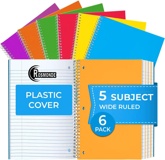 5 Subject Notebook Wide Ruled, 6 Pack, Durable Water Resistant Cover Spiral Notebooks, No-Bleed 300 Pages/Book (150 Sheets), 8 X 10-1/2, 3 Hole, Assorted Colors, Bulk Notebooks for School