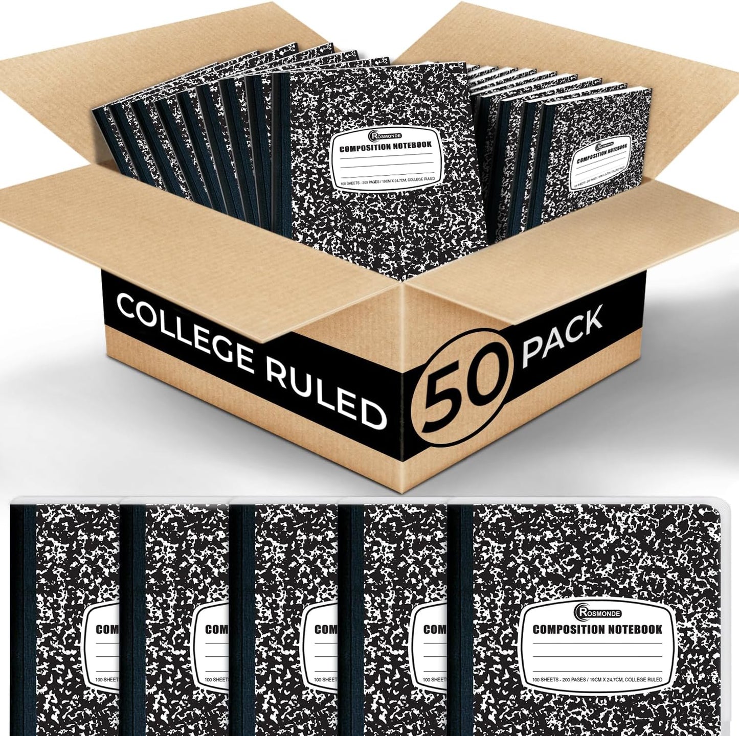 50 Pack Bulk Composition Notebooks, College Ruled Notebook, 200 Pages (100 Sheets), 9-3/4 X 7-1/2", Hard Cover, Black Marble Composition Journal Book, Bulk Notebooks for School & College