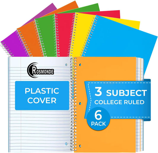 3 Subject Spiral Notebook, 6 Pack, College Ruled, Water Resistant Cover, Thick 300 Pages/Book (150 Sheets), 8 X 10-1/2, 3 Hole, Colored Dividers, Assorted Colors, Bulk School & Office