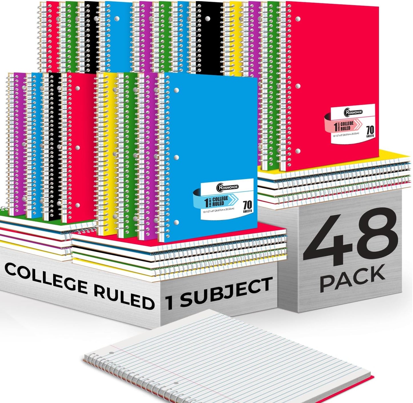 48 Pack, 1 Subject Spiral Notebook College Ruled Bulk, 140 Pages (70 Sheets), Thick No-Bleed Paper, 8 X 10-1/2", 3 Hole Punched, College Ruled Notebook 1 Subject Bulk, Bulk Subject Notebook