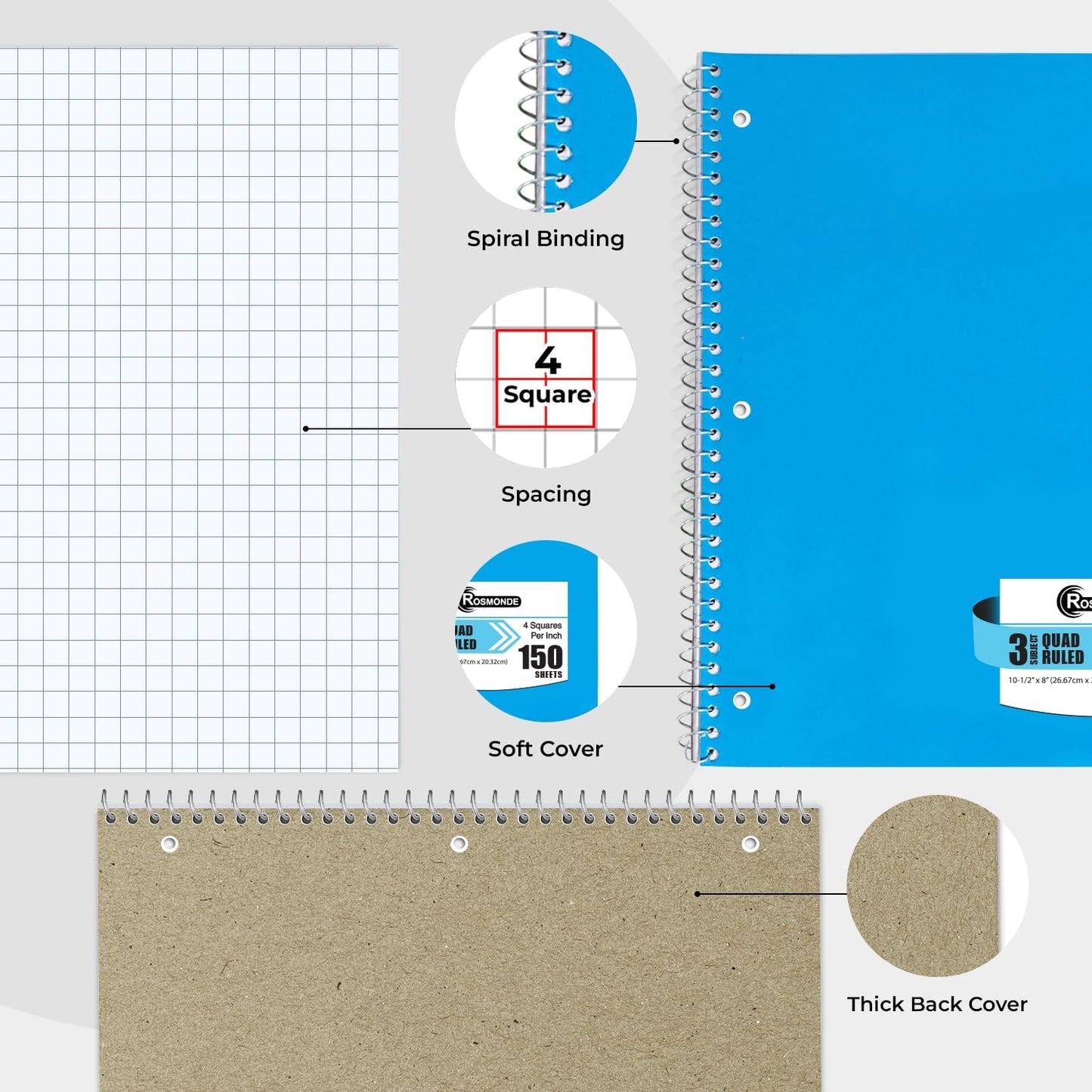 3 Subject Spiral Notebooks Graph Ruled, 6 Pack, 300 Pages (150 Sheets), 8 X 10-1/2", Grid Spiral Notebook for School & Office, Quad Ruled Spiral Notebooks, Graph Notebook, Spiral Bound Book