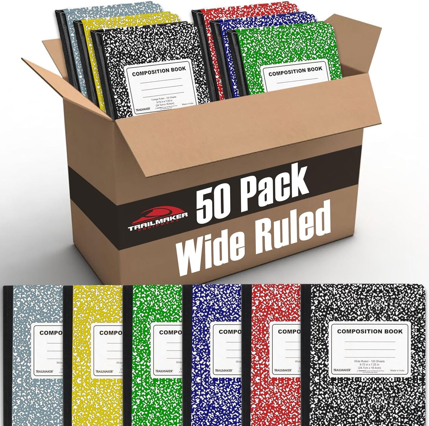 50 Pack Bulk Colored Composition Notebook Wide Ruled, 200 Pages (100 Sheets), 9-3/4 X 7-1/2", Hard Cover Bulk School Supplies Marble Composition Books for School & Office